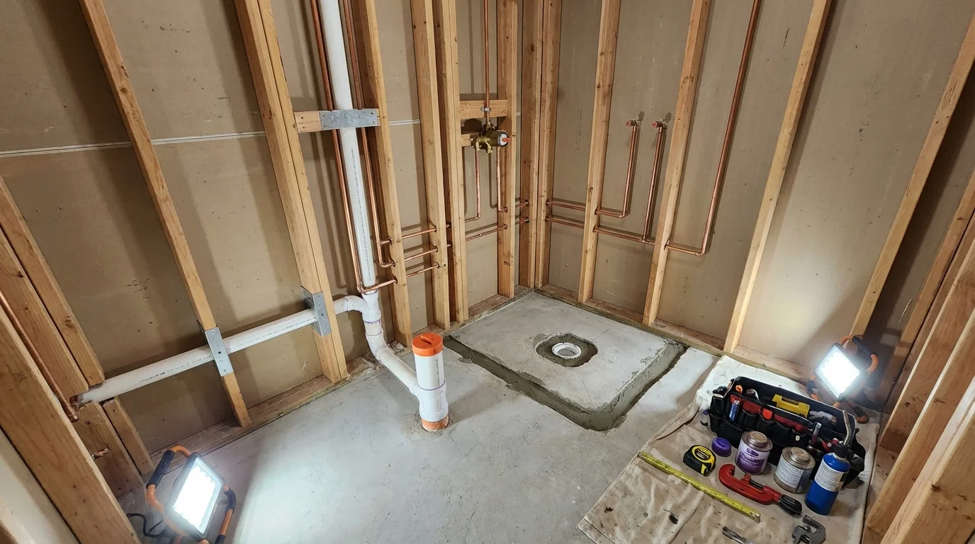 Bathroom rough-in plumbing during remodel by Johns Plumbing LLC in Darrington